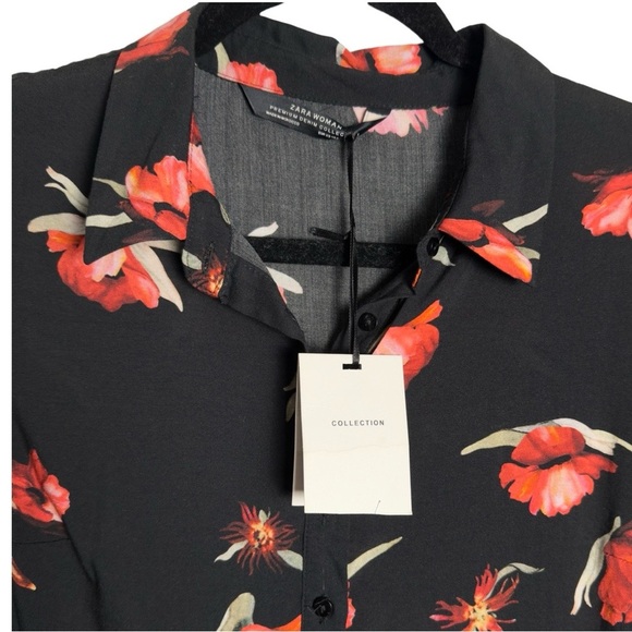 Zara Women's Black & Red Poppies Fit and Flare Long Sleeve Shirt Dress XS - Picture 7 of 10